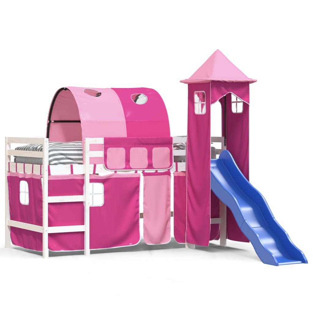 Kinderhoogslaper met toren 90x190 cm massief grenenhout roze is nu te koop bij PeponiXL, paradijselijk wonen!