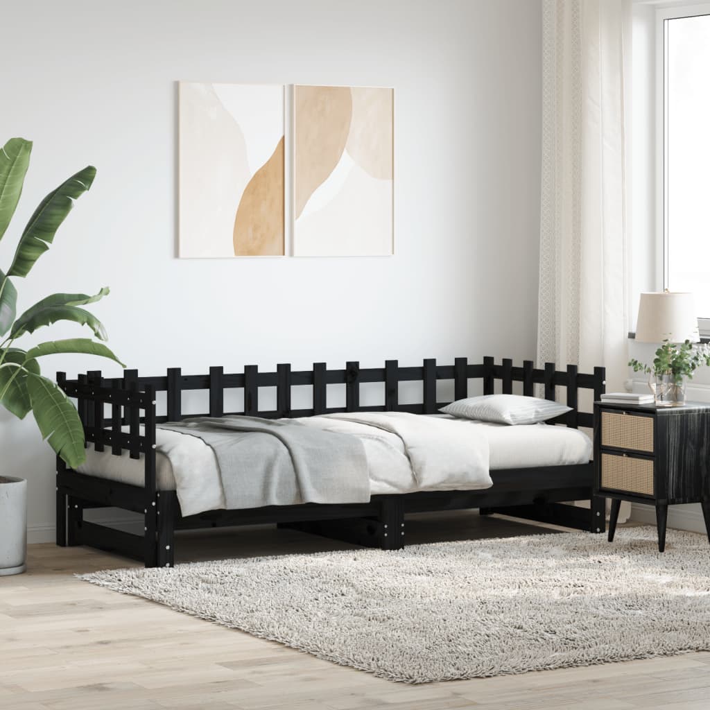 Slaapbank uitschuifbaar 2x(80x200) cm massief grenenhout zwart is nu te koop bij PeponiXL, paradijselijk wonen!