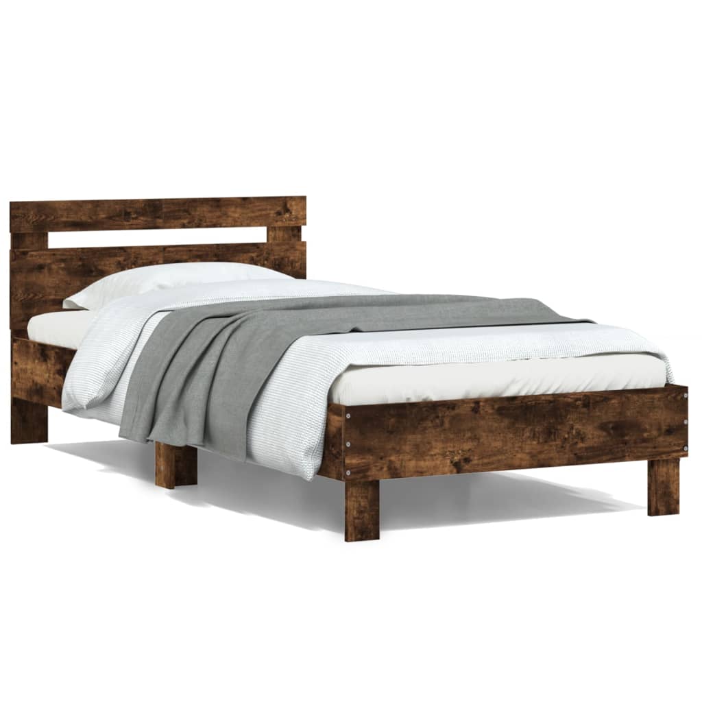 Bedframe met hoofdeinde bewerkt hout gerookt eiken 100x200 cm is nu te koop bij PeponiXL, paradijselijk wonen!