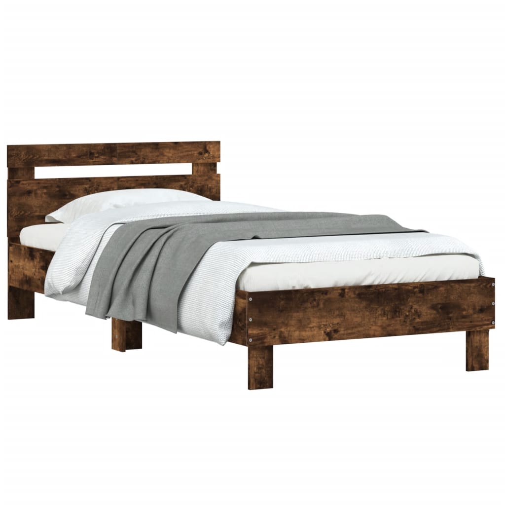 Bedframe met hoofdeinde bewerkt hout gerookt eiken 100x200 cm is nu te koop bij PeponiXL, paradijselijk wonen!