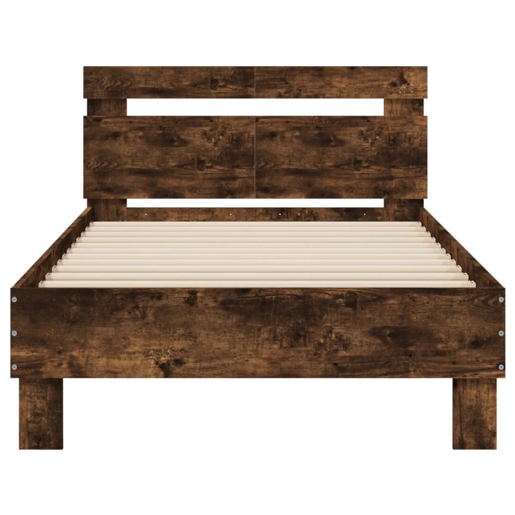 Bedframe met hoofdeinde bewerkt hout gerookt eiken 100x200 cm is nu te koop bij PeponiXL, paradijselijk wonen!