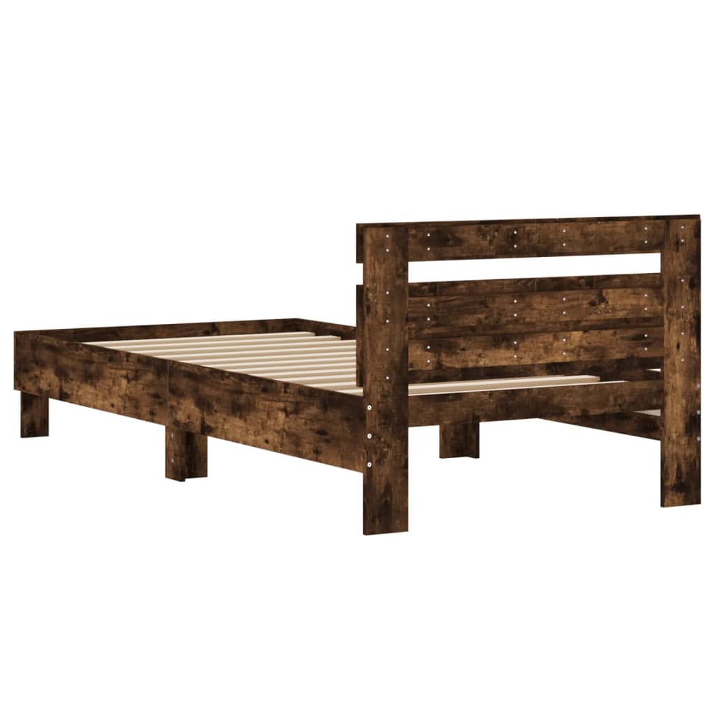 Bedframe met hoofdeinde bewerkt hout gerookt eiken 100x200 cm is nu te koop bij PeponiXL, paradijselijk wonen!