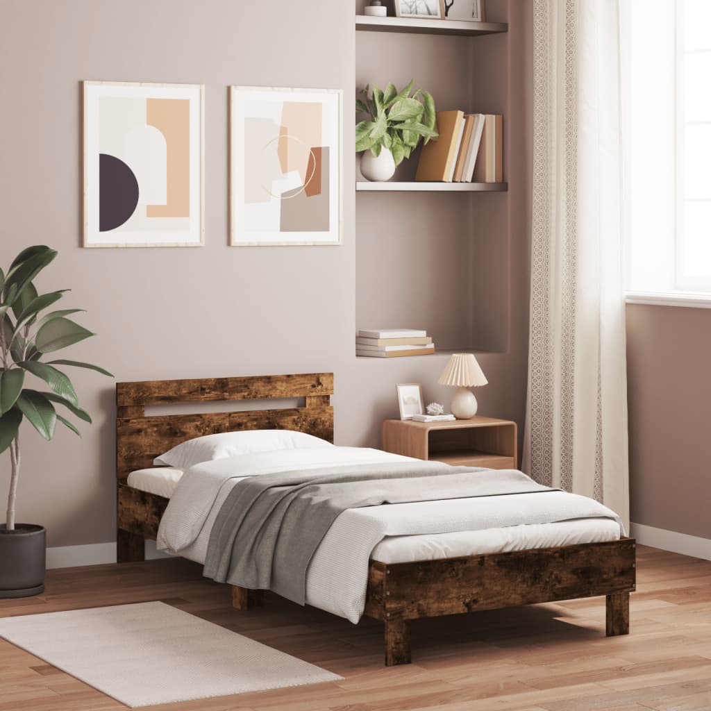 Bedframe met hoofdeinde bewerkt hout gerookt eiken 100x200 cm is nu te koop bij PeponiXL, paradijselijk wonen!