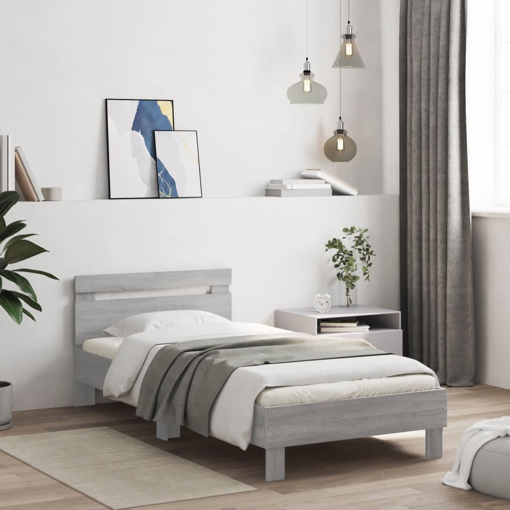 Bedframe met hoofdeinde bewerkt hout grijs sonoma 100x200 cm is nu te koop bij PeponiXL, paradijselijk wonen!