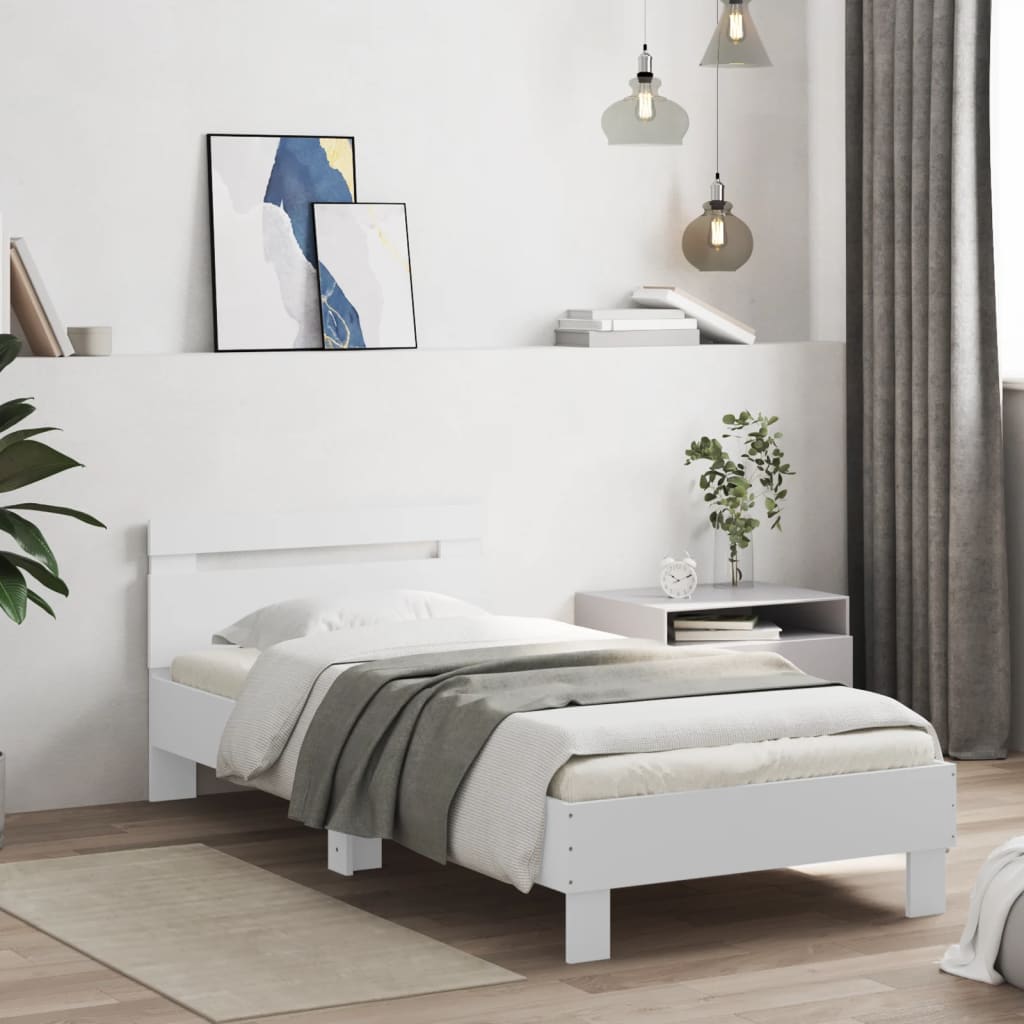 Bedframe met hoofdbord bewerkt hout wit 90x200 cm is nu te koop bij PeponiXL, paradijselijk wonen!