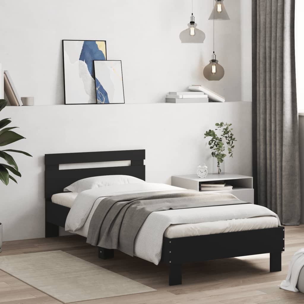 Bedframe met hoofdeinde bewerkt hout zwart 90x200 cm is nu te koop bij PeponiXL, paradijselijk wonen!