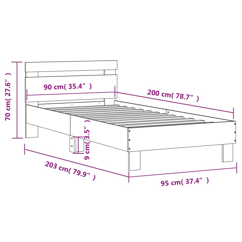 Bedframe met hoofdeinde bewerkt hout grijs sonoma 90x200 cm is nu te koop bij PeponiXL, paradijselijk wonen!