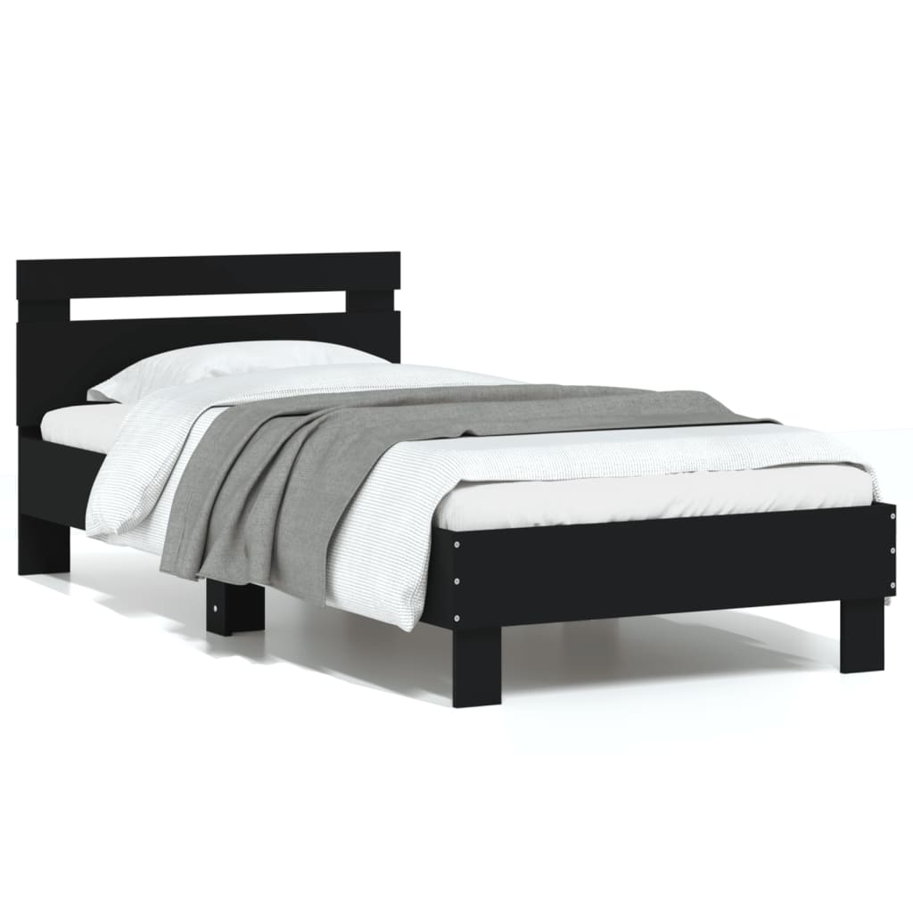Bedframe met hoofdbord bewerkt hout zwart 75x190 cm is nu te koop bij PeponiXL, paradijselijk wonen!