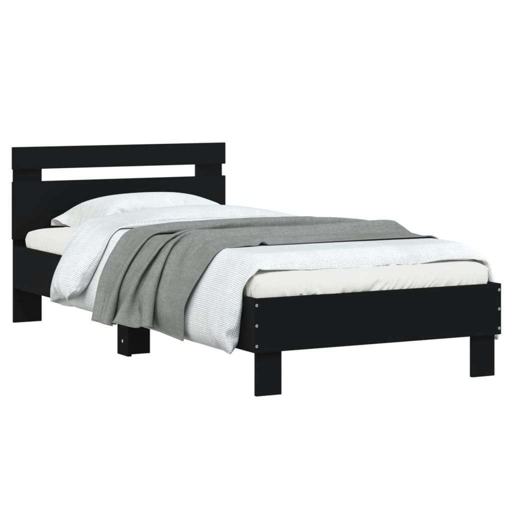 Bedframe met hoofdbord bewerkt hout zwart 75x190 cm is nu te koop bij PeponiXL, paradijselijk wonen!