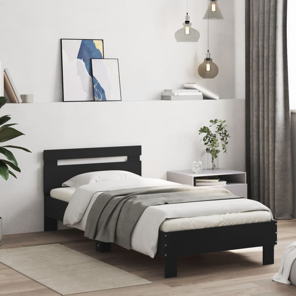 Bedframe met hoofdbord bewerkt hout zwart 75x190 cm is nu te koop bij PeponiXL, paradijselijk wonen!