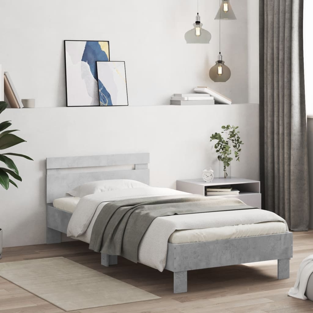 Bedframe met hoofdbord bewerkt hout betongrijs 75x190 cm is nu te koop bij PeponiXL, paradijselijk wonen!