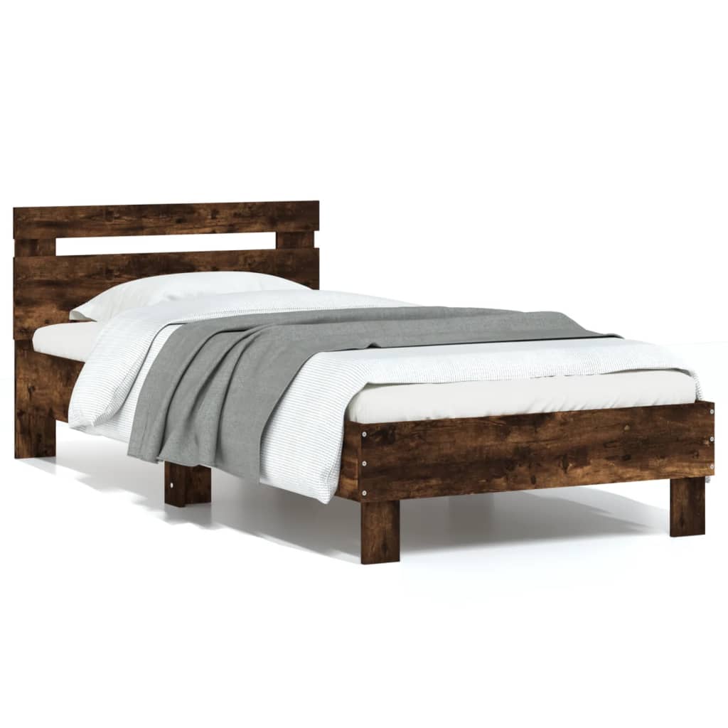 Bedframe met hoofdbord bewerkt hout gerookt eiken 75x190 cm is nu te koop bij PeponiXL, paradijselijk wonen!