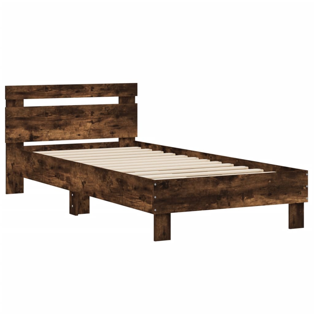 Bedframe met hoofdbord bewerkt hout gerookt eiken 75x190 cm is nu te koop bij PeponiXL, paradijselijk wonen!