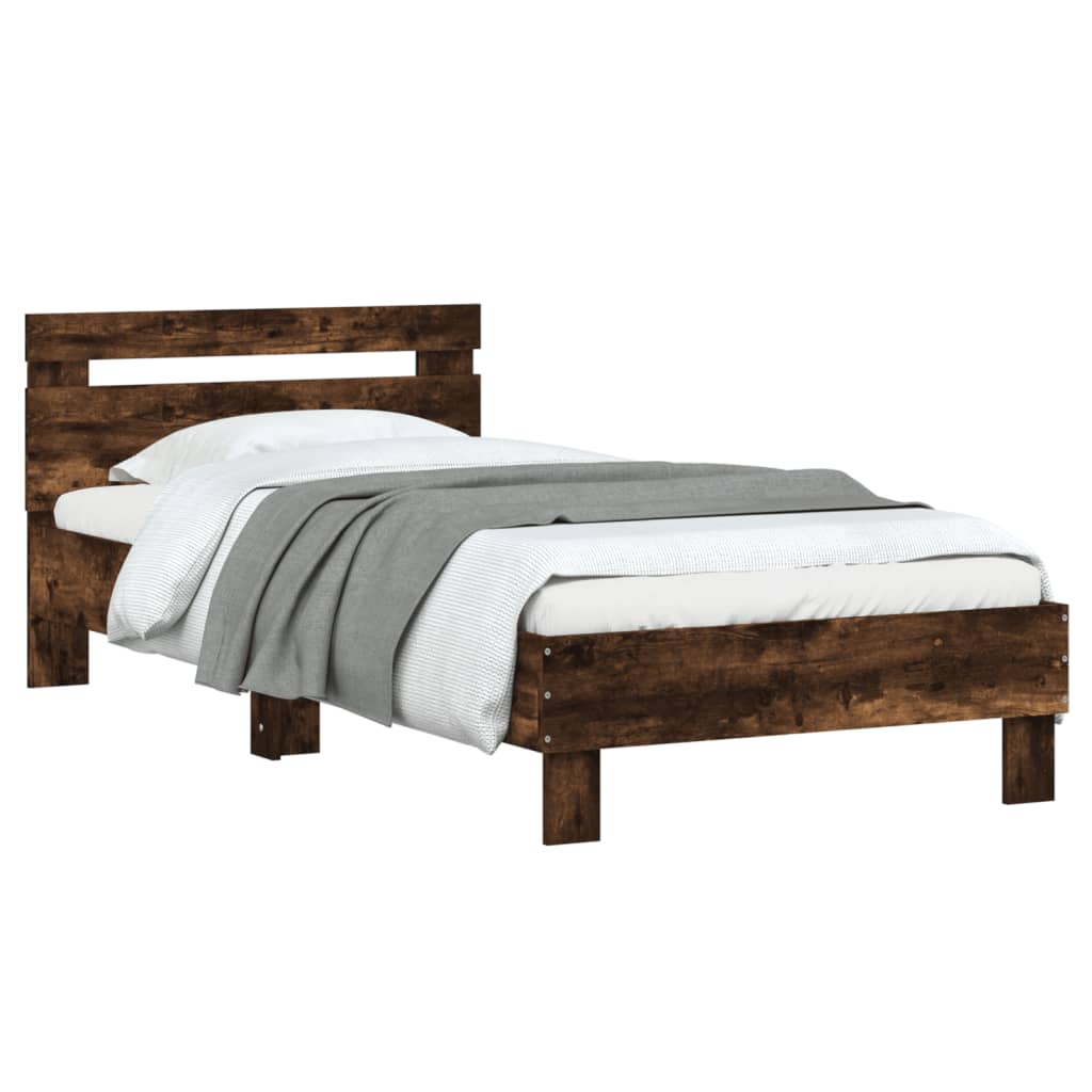Bedframe met hoofdbord bewerkt hout gerookt eiken 75x190 cm is nu te koop bij PeponiXL, paradijselijk wonen!