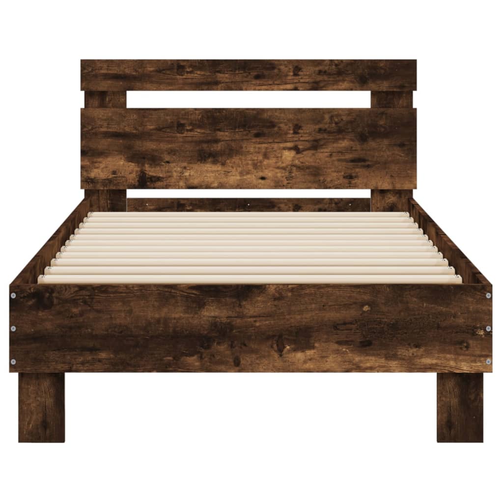 Bedframe met hoofdbord bewerkt hout gerookt eiken 75x190 cm is nu te koop bij PeponiXL, paradijselijk wonen!