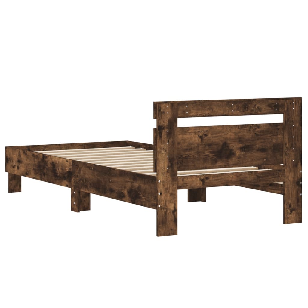 Bedframe met hoofdbord bewerkt hout gerookt eiken 75x190 cm is nu te koop bij PeponiXL, paradijselijk wonen!