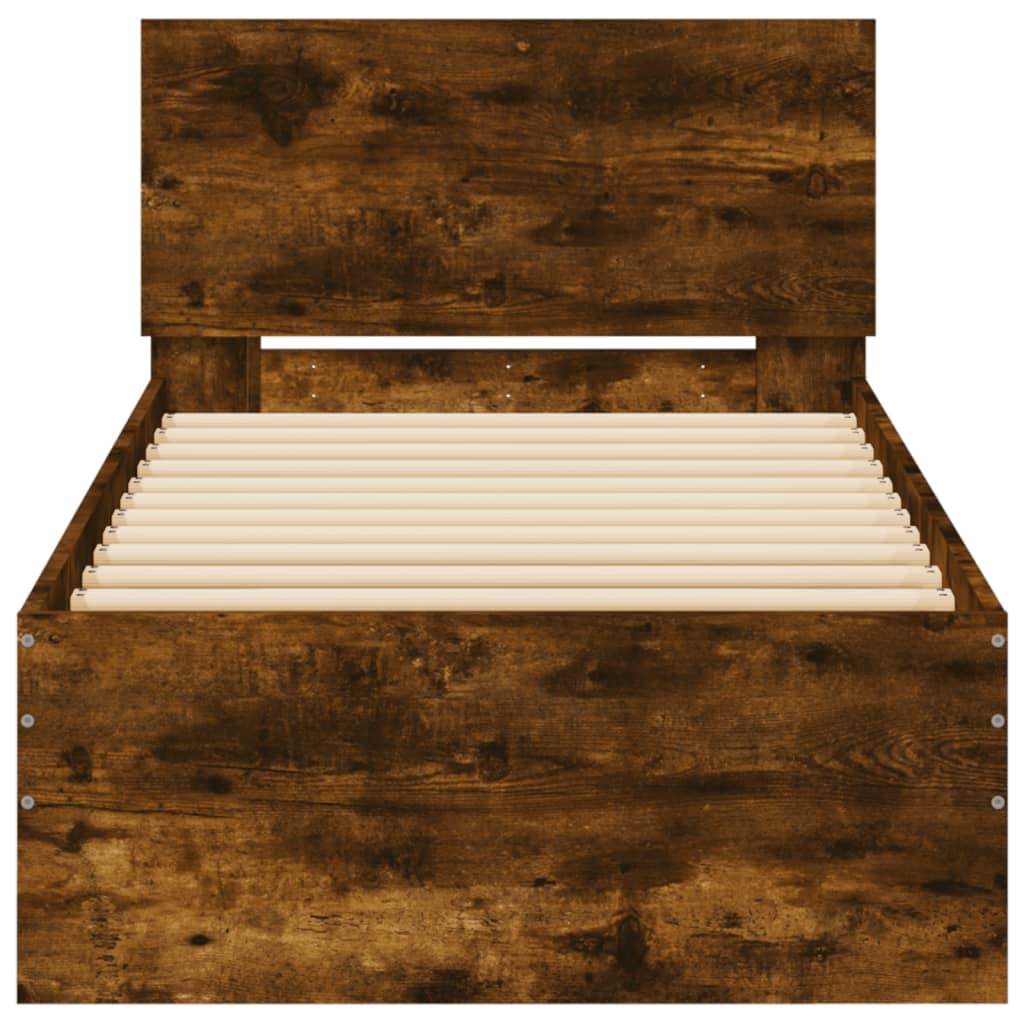 Bedframe met hoofdeinde bewerkt hout gerookt eiken 90x200 cm is nu te koop bij PeponiXL, paradijselijk wonen!