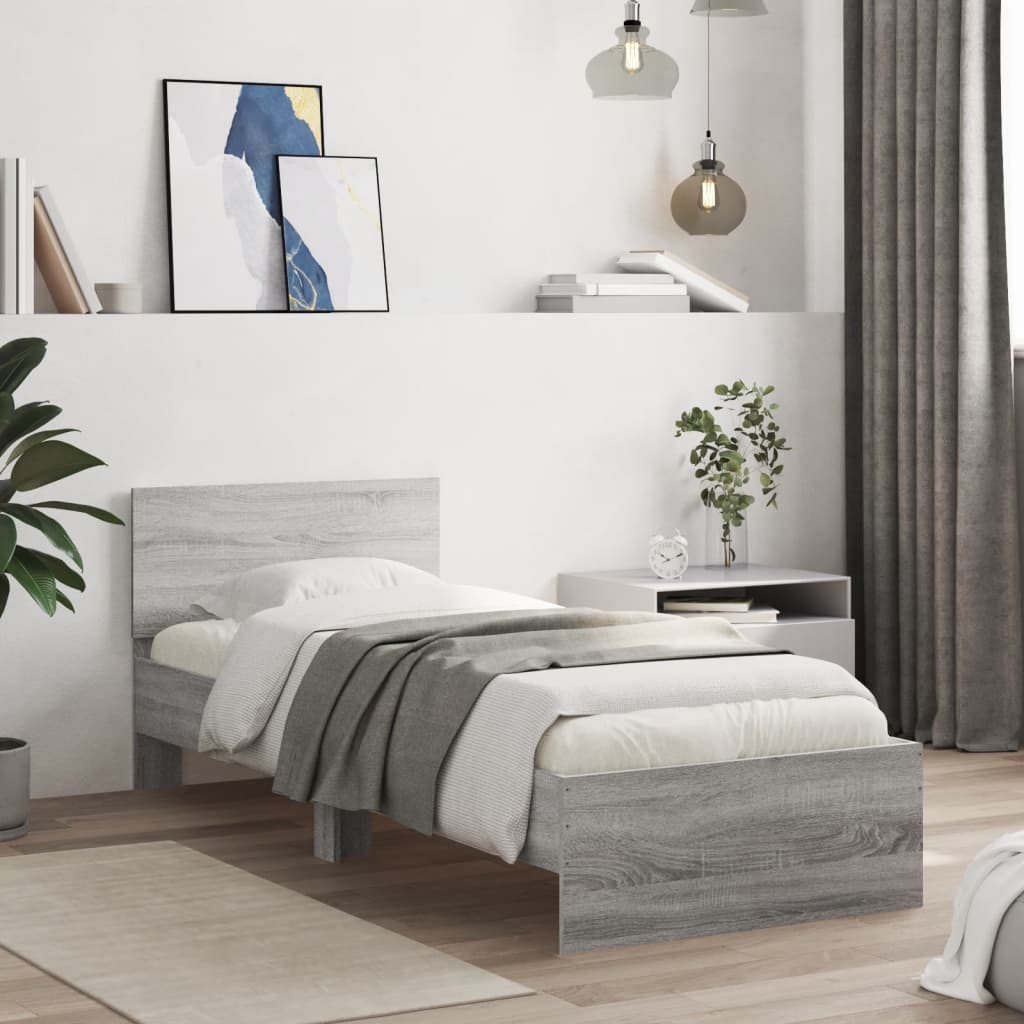 Bedframe met hoofdeinde bewerkt hout grijs sonoma 90x190 cm is nu te koop bij PeponiXL, paradijselijk wonen!