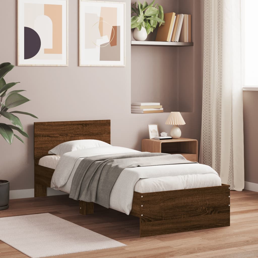 Bedframe met hoofdbord zonder matras bruin eikenkleur 90x190 cm is nu te koop bij PeponiXL, paradijselijk wonen!