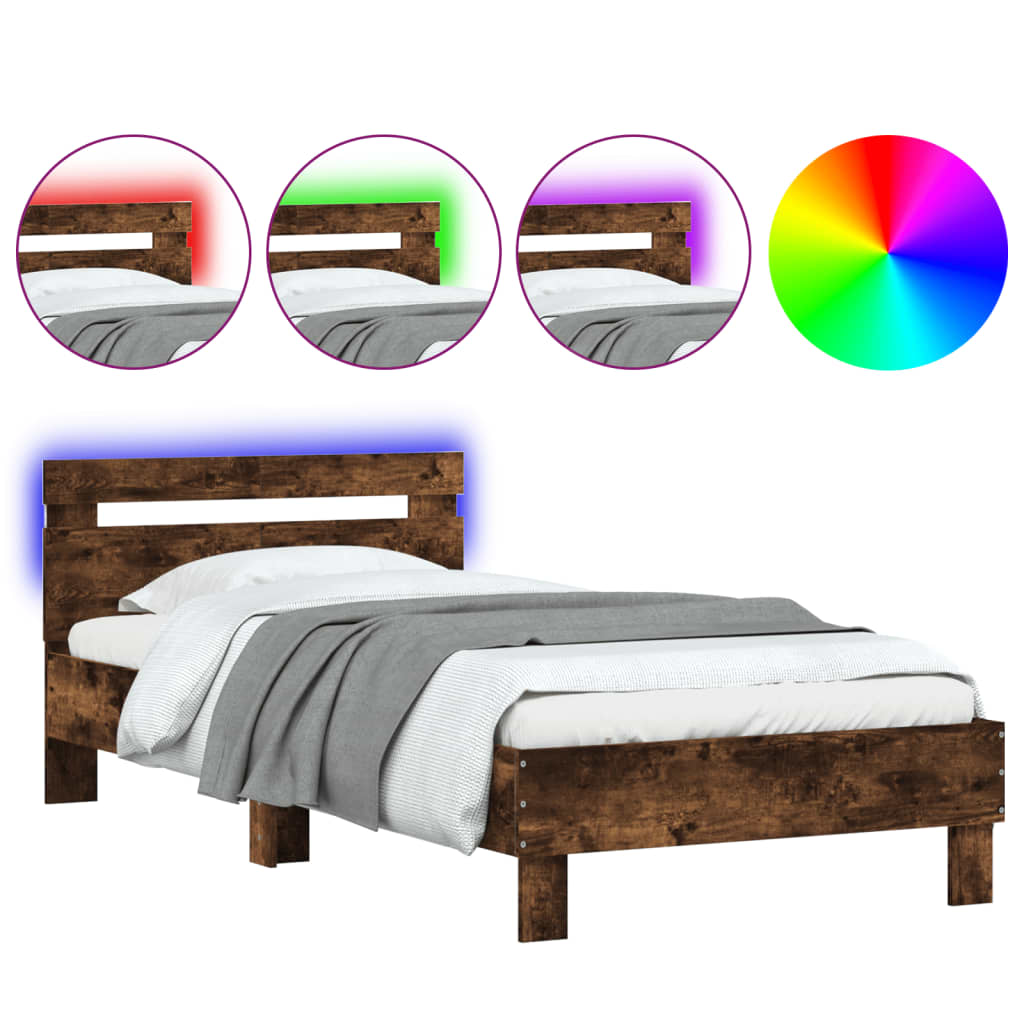Bedframe met hoofdbord en LED gerookt eikenkleur 100x200 cm is nu te koop bij PeponiXL, paradijselijk wonen!