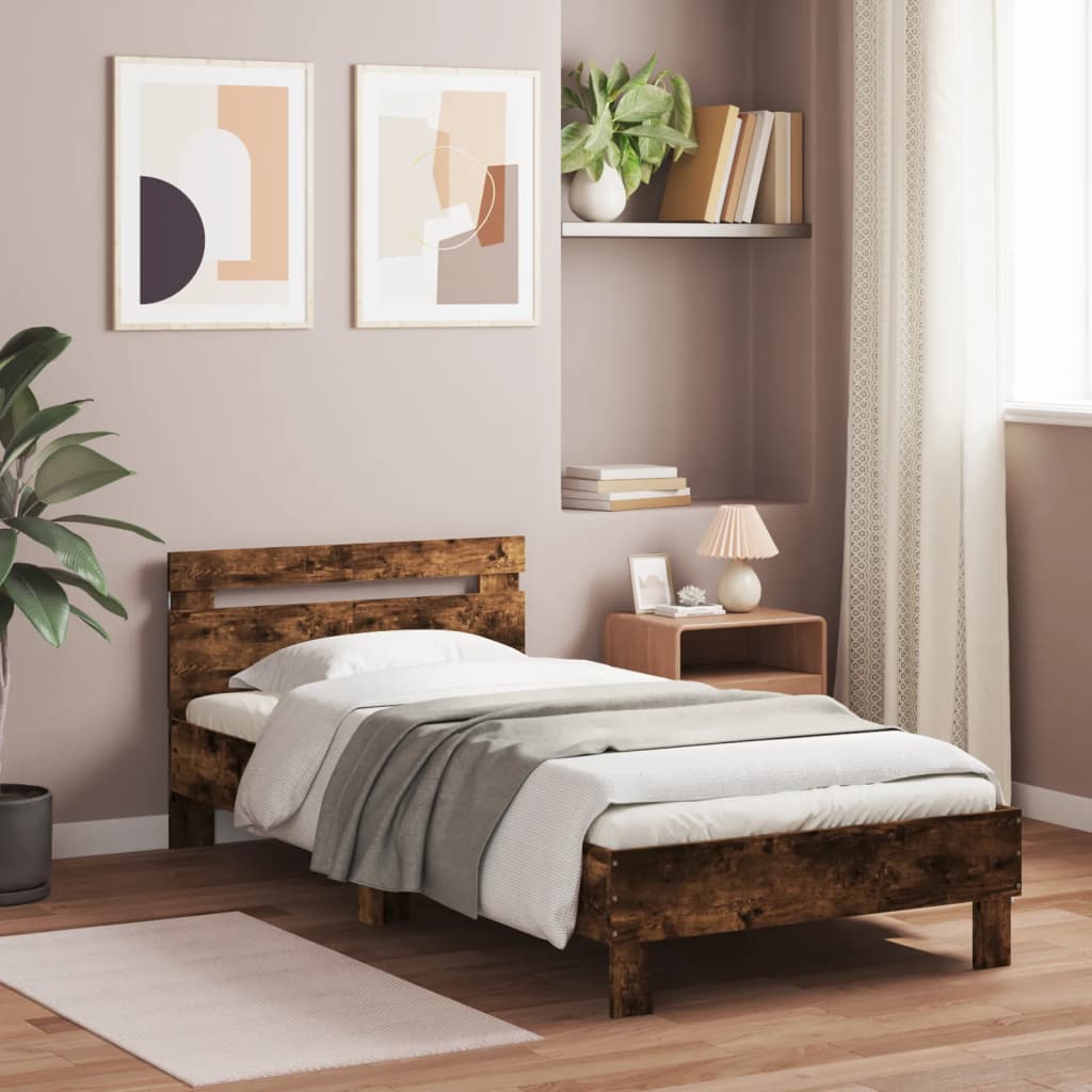 Bedframe met hoofdbord en LED gerookt eikenkleur 100x200 cm is nu te koop bij PeponiXL, paradijselijk wonen!