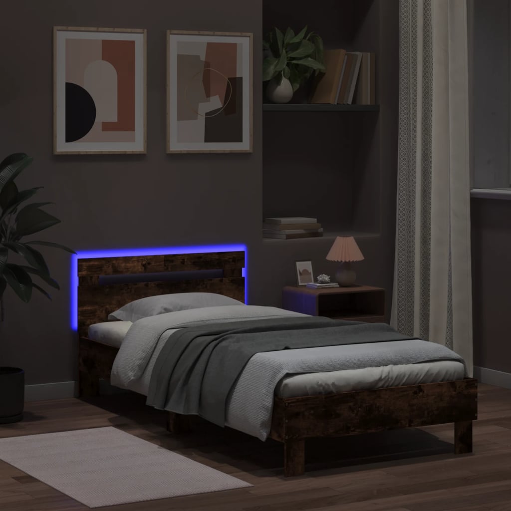 Bedframe met hoofdbord en LED gerookt eikenkleur 100x200 cm is nu te koop bij PeponiXL, paradijselijk wonen!