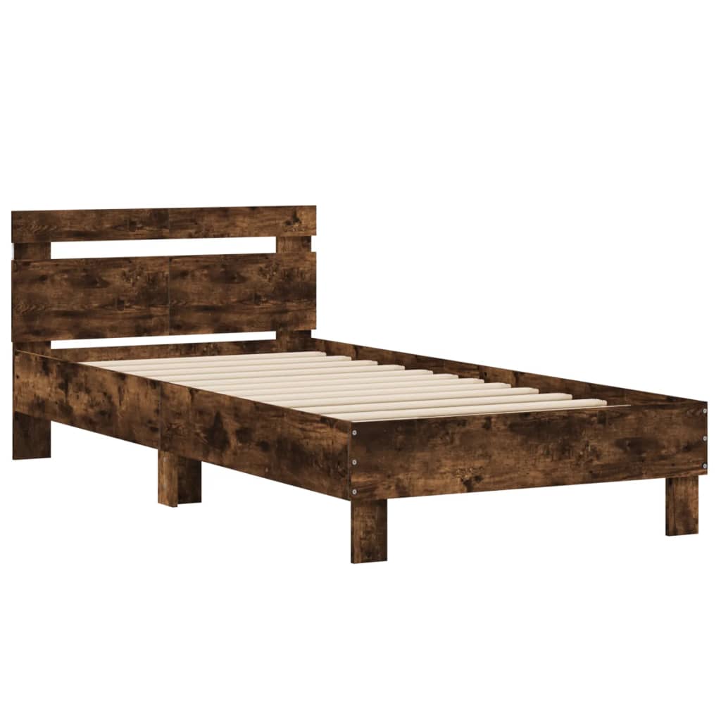 Bedframe met hoofdbord en LED gerookt eikenkleur 100x200 cm is nu te koop bij PeponiXL, paradijselijk wonen!
