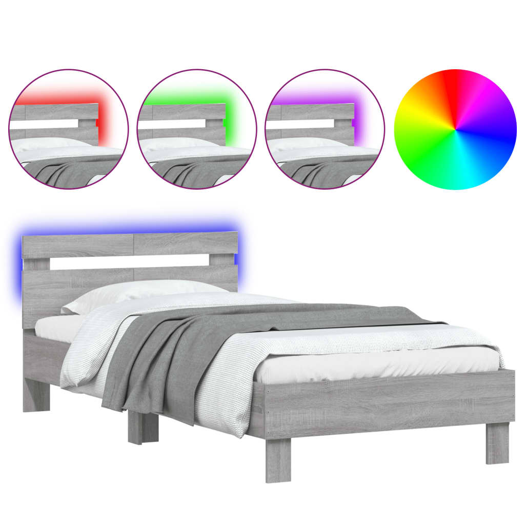 Bedframe met hoofdbord en LED grijs sonoma eiken 100x200 cm is nu te koop bij PeponiXL, paradijselijk wonen!