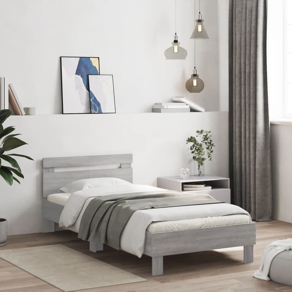 Bedframe met hoofdbord en LED grijs sonoma eiken 100x200 cm is nu te koop bij PeponiXL, paradijselijk wonen!
