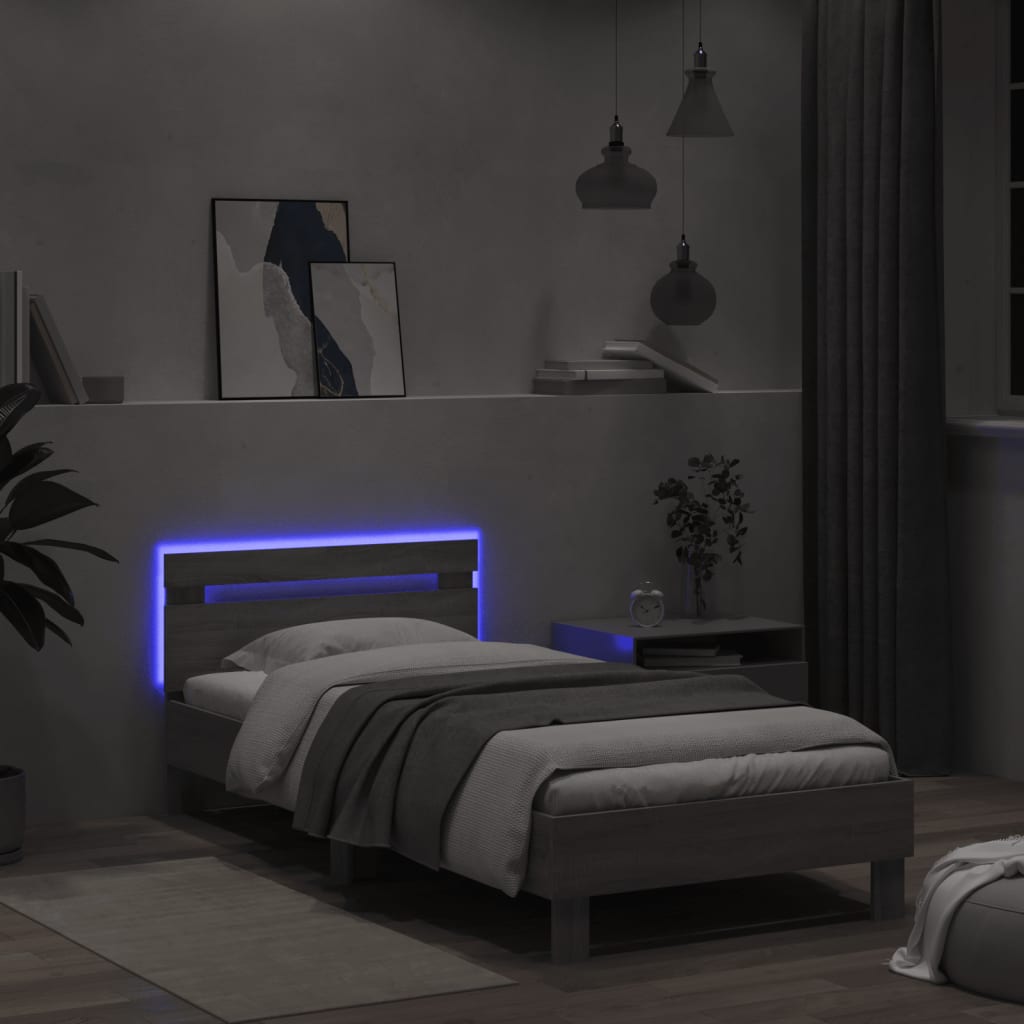 Bedframe met hoofdbord en LED grijs sonoma eiken 100x200 cm is nu te koop bij PeponiXL, paradijselijk wonen!