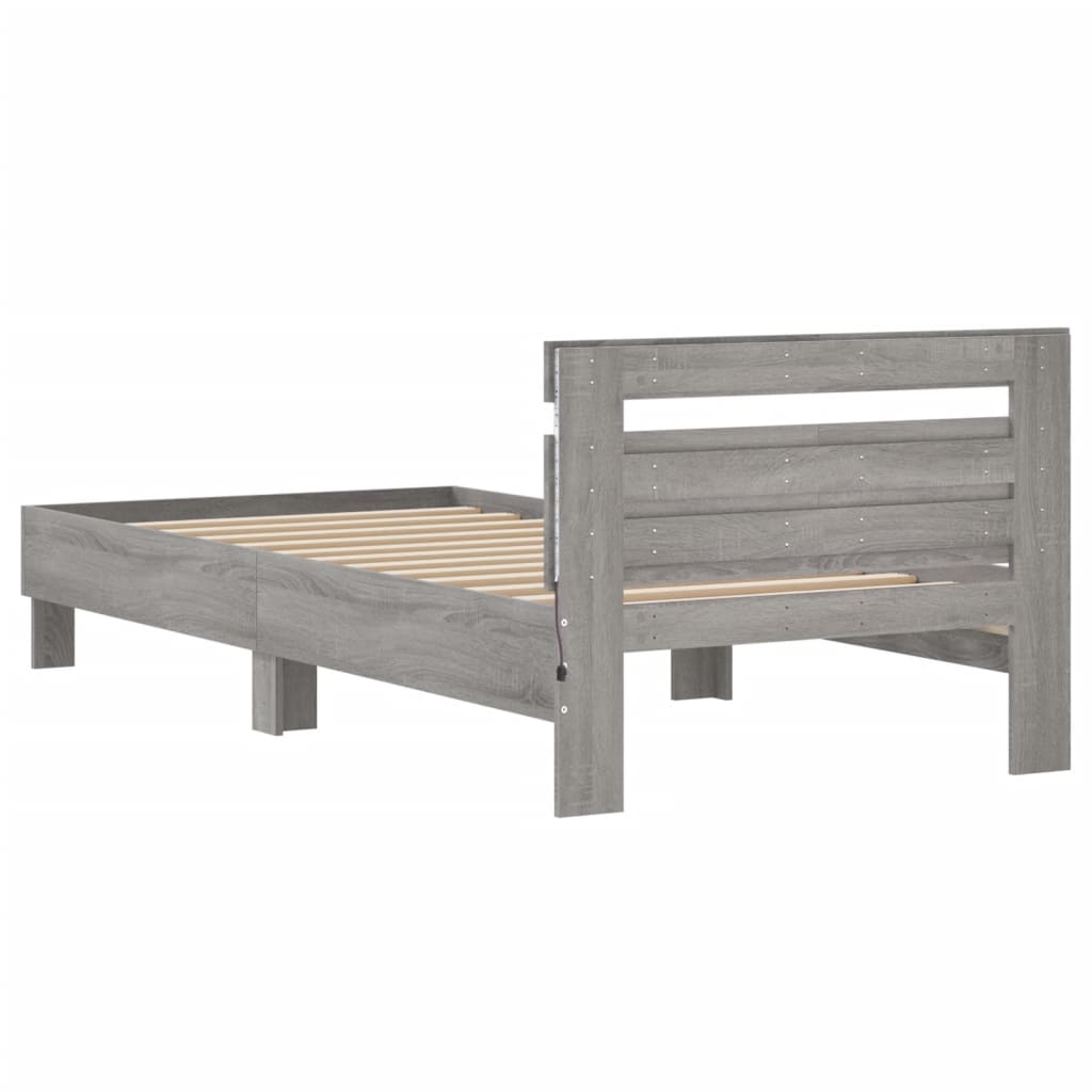 Bedframe met hoofdbord en LED grijs sonoma eiken 100x200 cm is nu te koop bij PeponiXL, paradijselijk wonen!