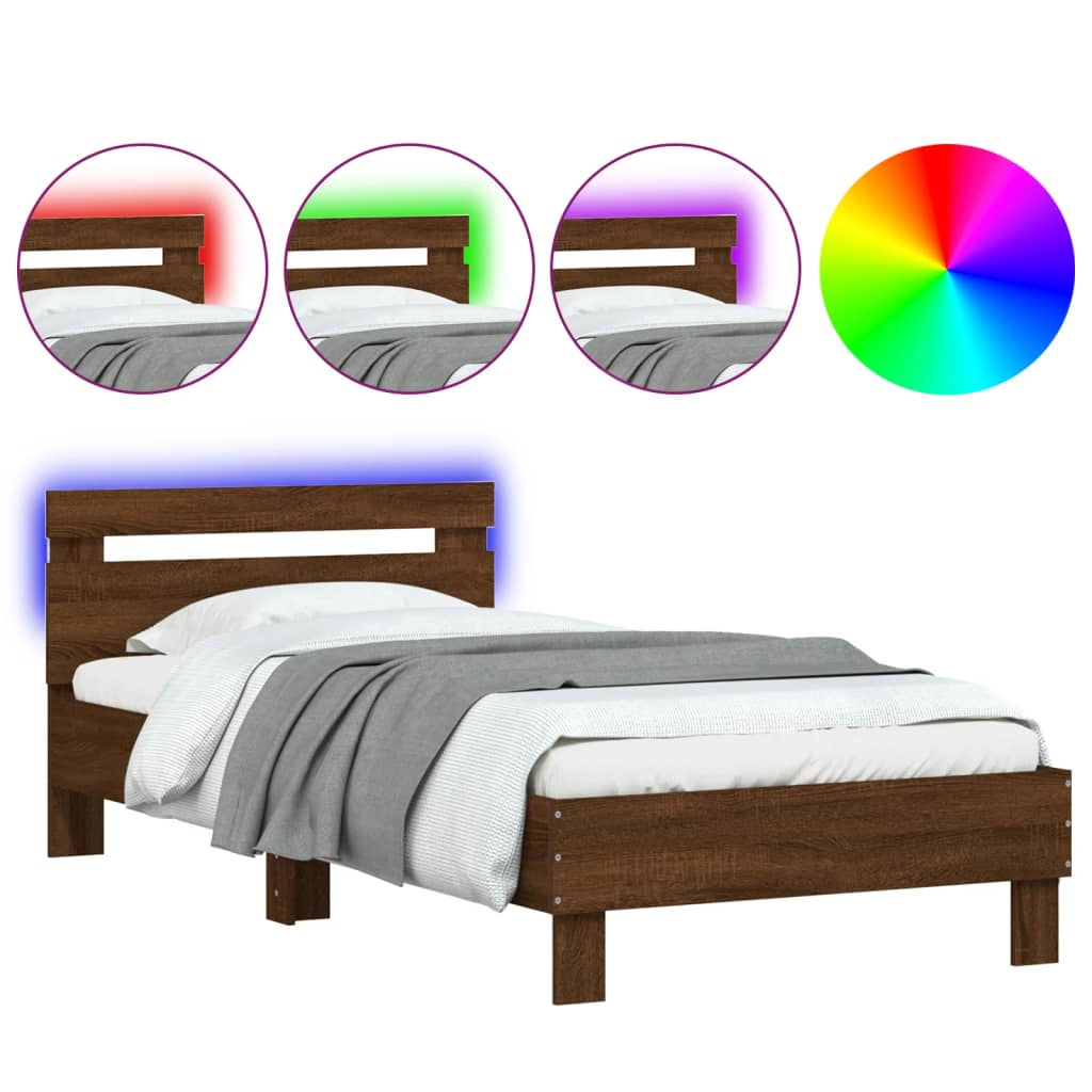 Bedframe met hoofdbord en LED bruin eikenkleur 100x200 cm is nu te koop bij PeponiXL, paradijselijk wonen!
