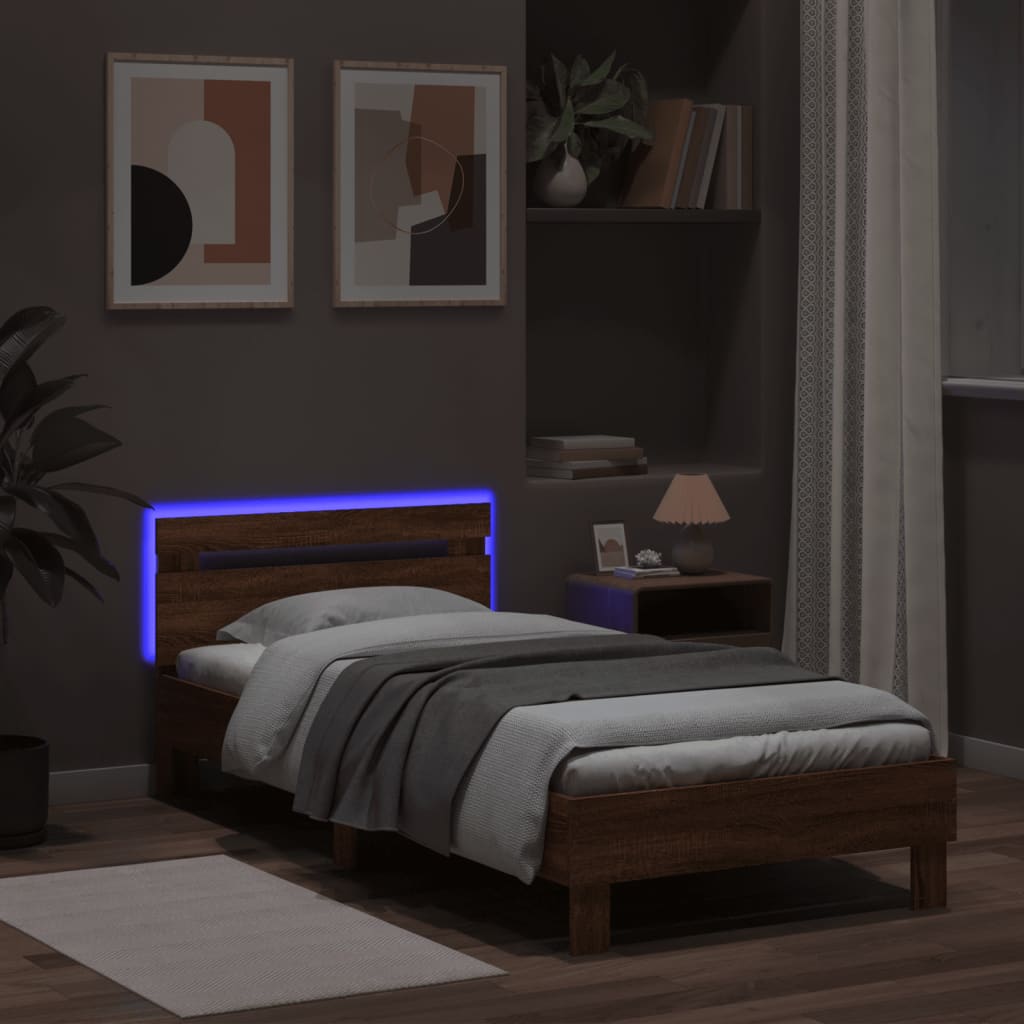 Bedframe met hoofdbord en LED bruin eikenkleur 100x200 cm is nu te koop bij PeponiXL, paradijselijk wonen!