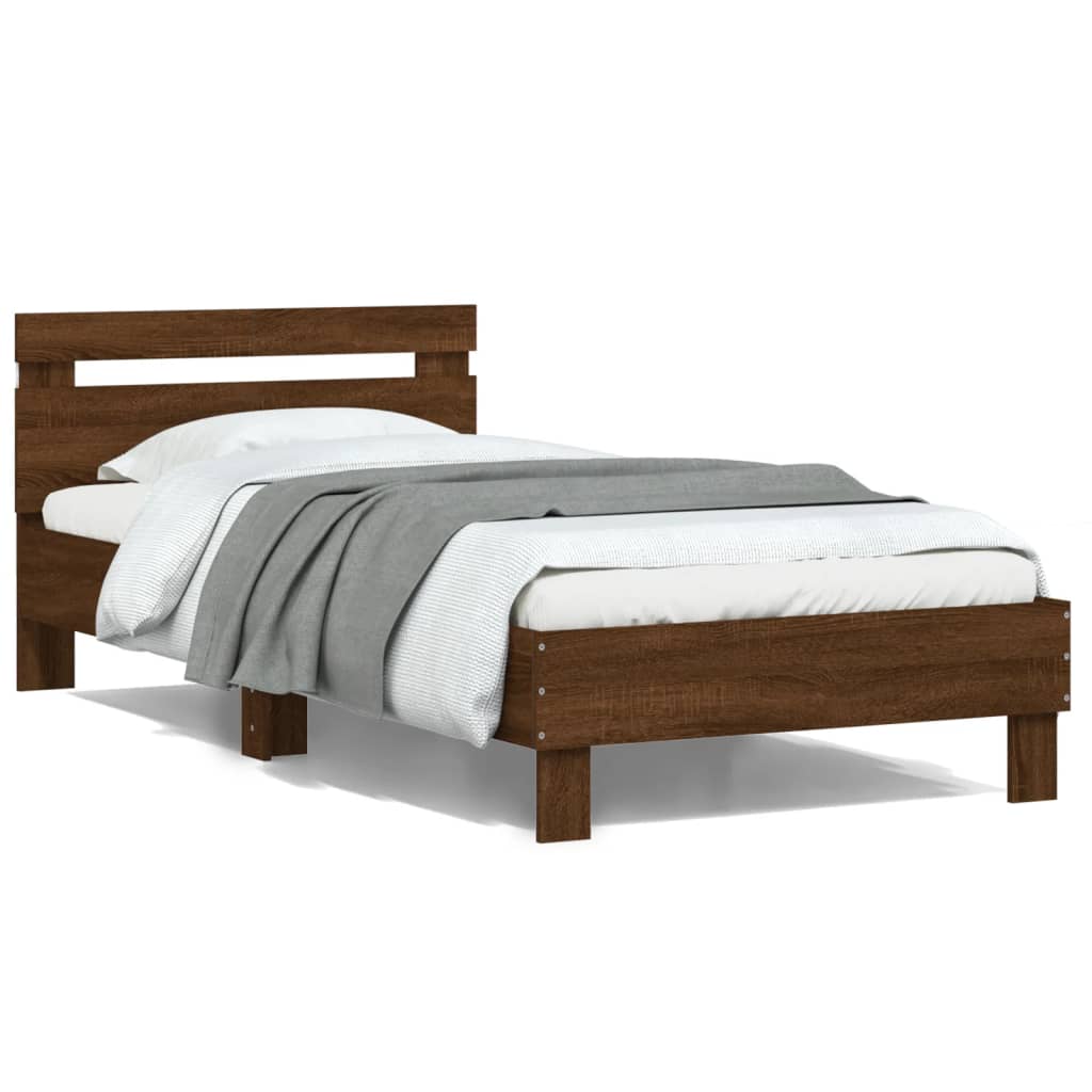 Bedframe met hoofdbord en LED bruin eikenkleur 100x200 cm is nu te koop bij PeponiXL, paradijselijk wonen!