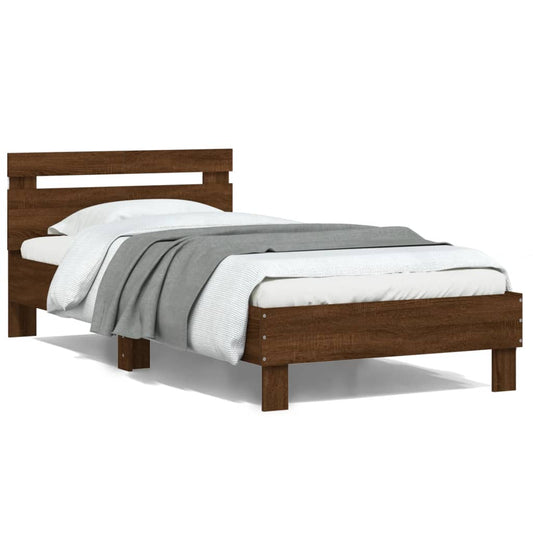 Bedframe met hoofdbord en LED bruin eikenkleur 100x200 cm is nu te koop bij PeponiXL, paradijselijk wonen!