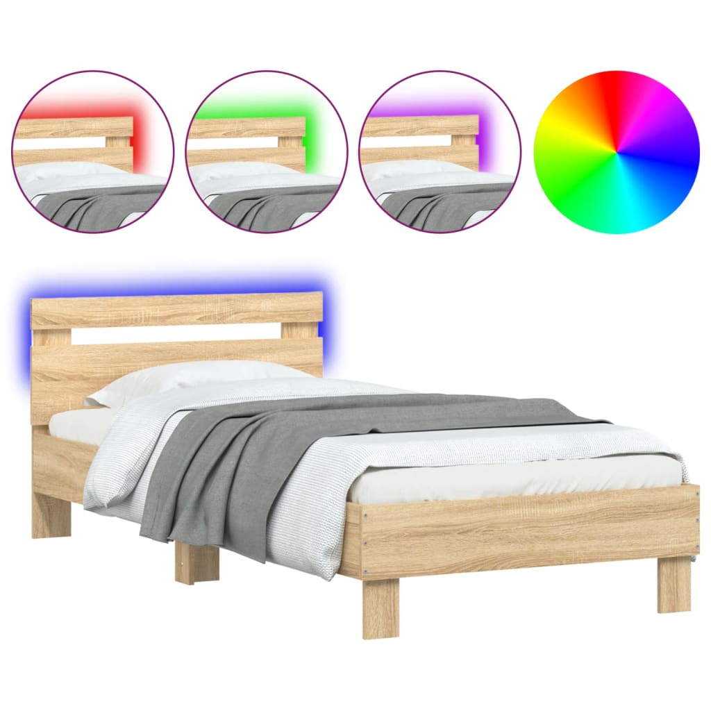 Bedframe met hoofdbord en LED sonoma eikenkleurig 90x200 cm is nu te koop bij PeponiXL, paradijselijk wonen!