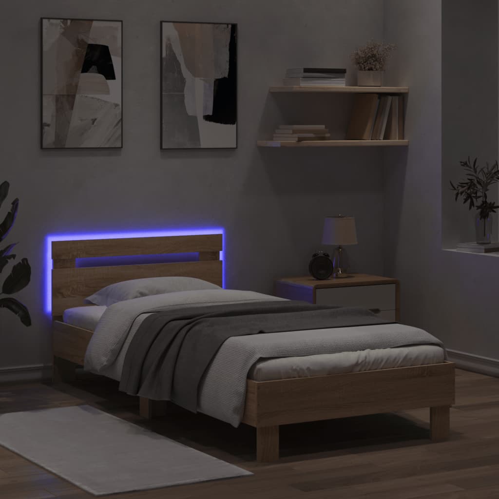 Bedframe met hoofdbord en LED sonoma eikenkleurig 90x200 cm is nu te koop bij PeponiXL, paradijselijk wonen!