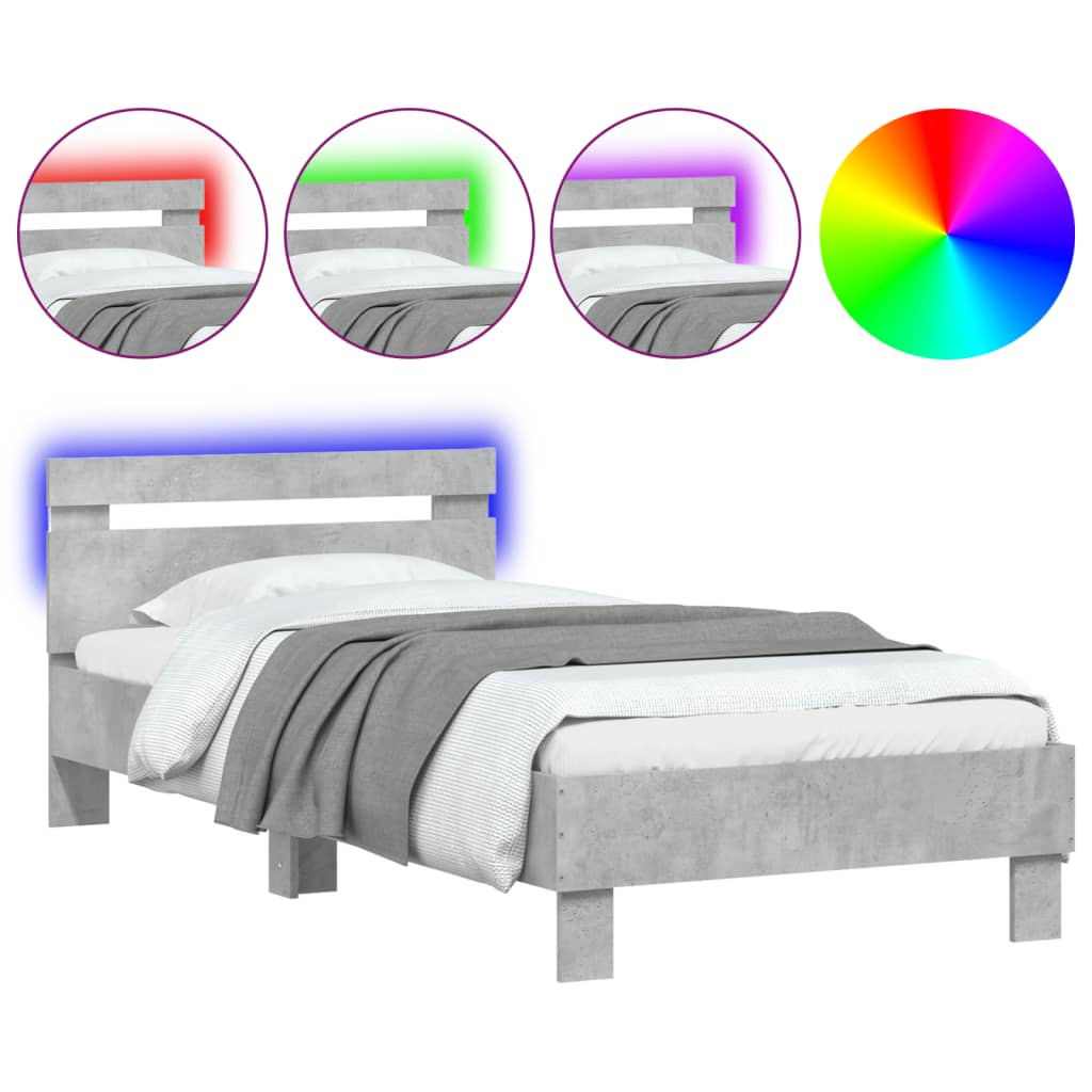Bedframe met hoofdbord en LED-verlichting betongrijs 90x200 cm is nu te koop bij PeponiXL, paradijselijk wonen!