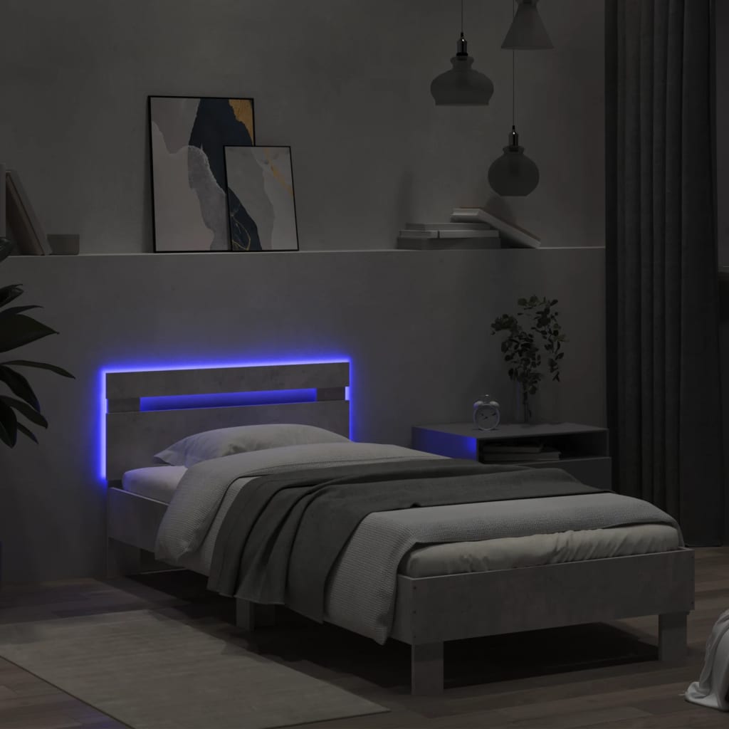Bedframe met hoofdbord en LED-verlichting betongrijs 90x200 cm is nu te koop bij PeponiXL, paradijselijk wonen!