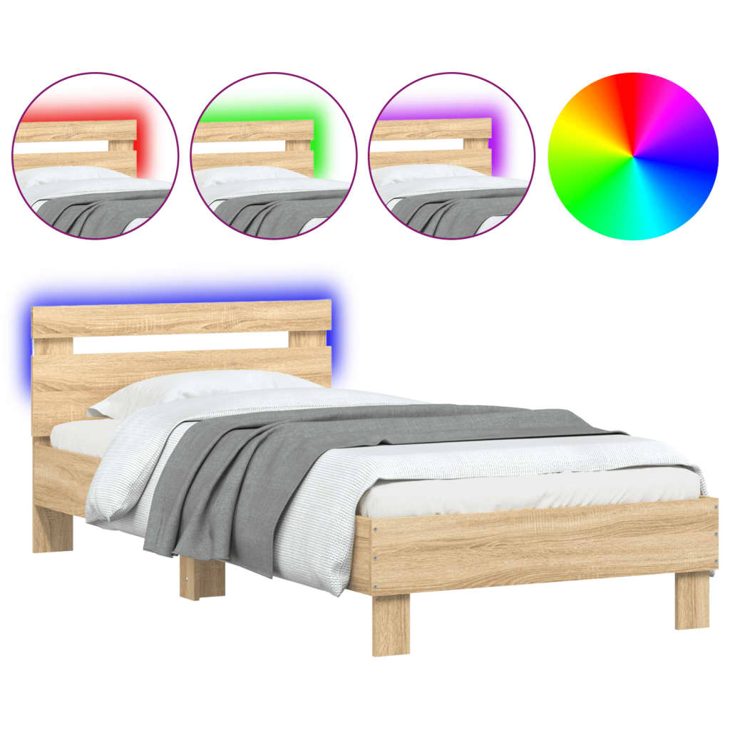Bedframe met hoofdbord en LED sonoma eikenkleurig 90x190 cm is nu te koop bij PeponiXL, paradijselijk wonen!