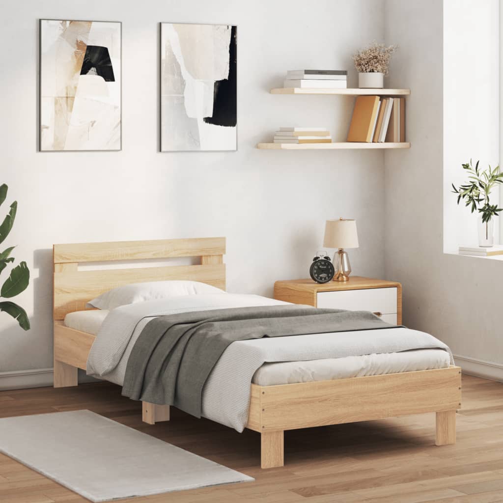 Bedframe met hoofdbord en LED sonoma eikenkleurig 90x190 cm is nu te koop bij PeponiXL, paradijselijk wonen!