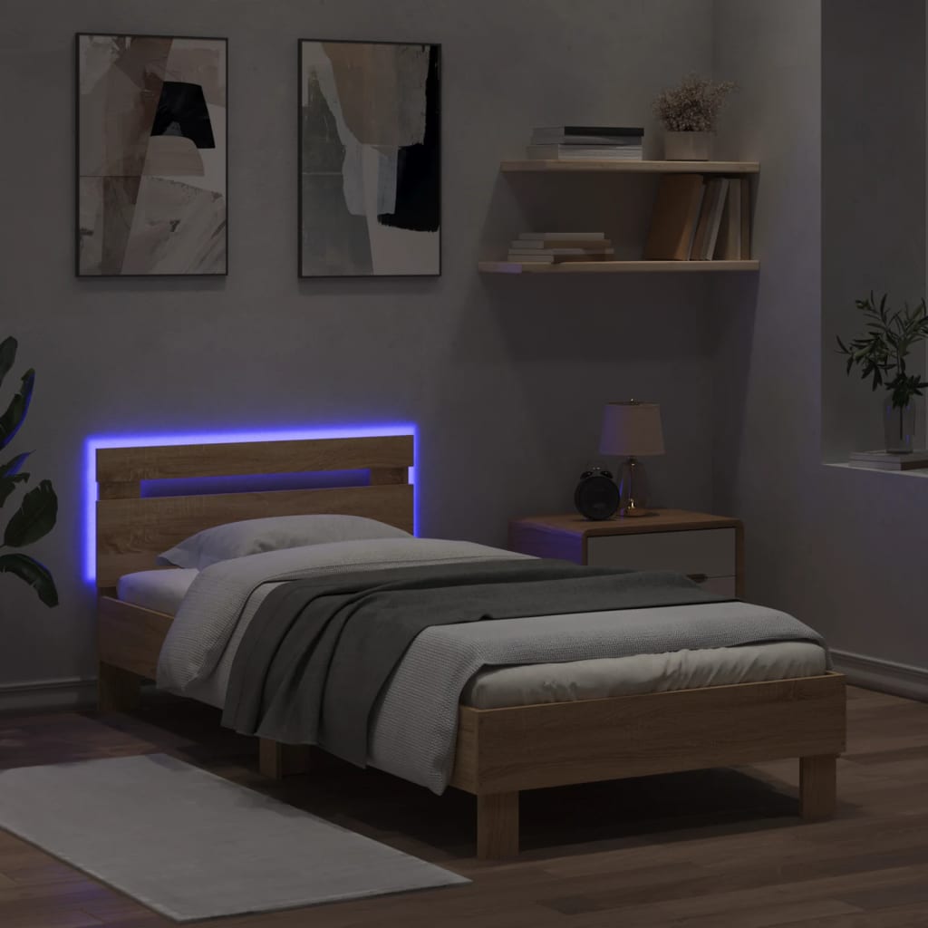 Bedframe met hoofdbord en LED sonoma eikenkleurig 90x190 cm is nu te koop bij PeponiXL, paradijselijk wonen!