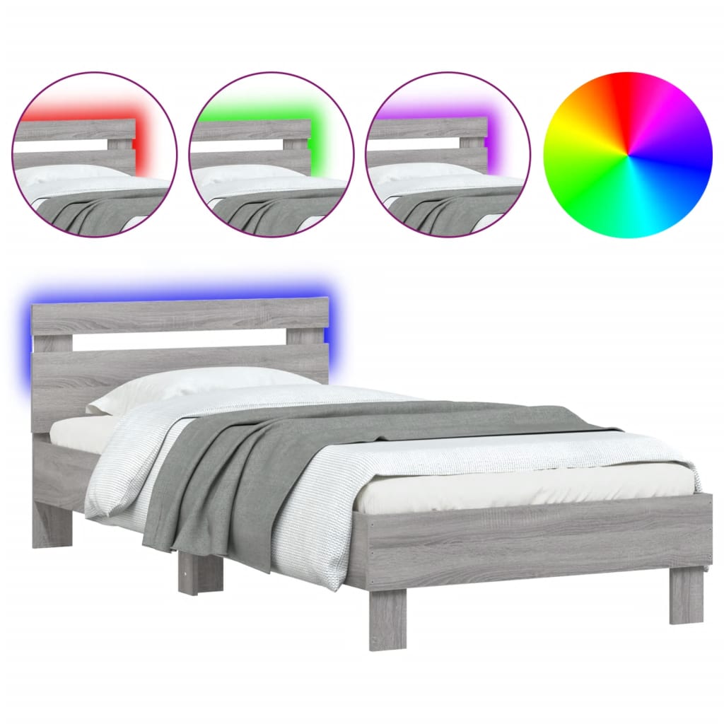 Bedframe met hoofdbord en LED grijs sonoma eikenkleur 90x190 cm is nu te koop bij PeponiXL, paradijselijk wonen!