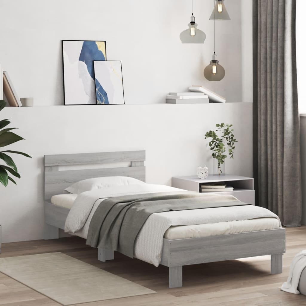 Bedframe met hoofdbord en LED grijs sonoma eikenkleur 90x190 cm is nu te koop bij PeponiXL, paradijselijk wonen!