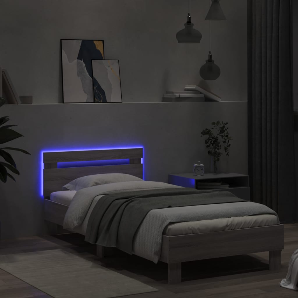 Bedframe met hoofdbord en LED grijs sonoma eikenkleur 90x190 cm is nu te koop bij PeponiXL, paradijselijk wonen!