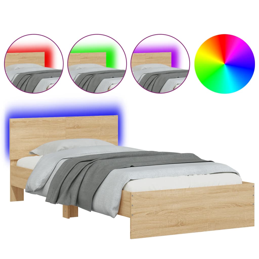 Bedframe met hoofdbord en LED sonoma eikenkleurig 100x200 cm is nu te koop bij PeponiXL, paradijselijk wonen!