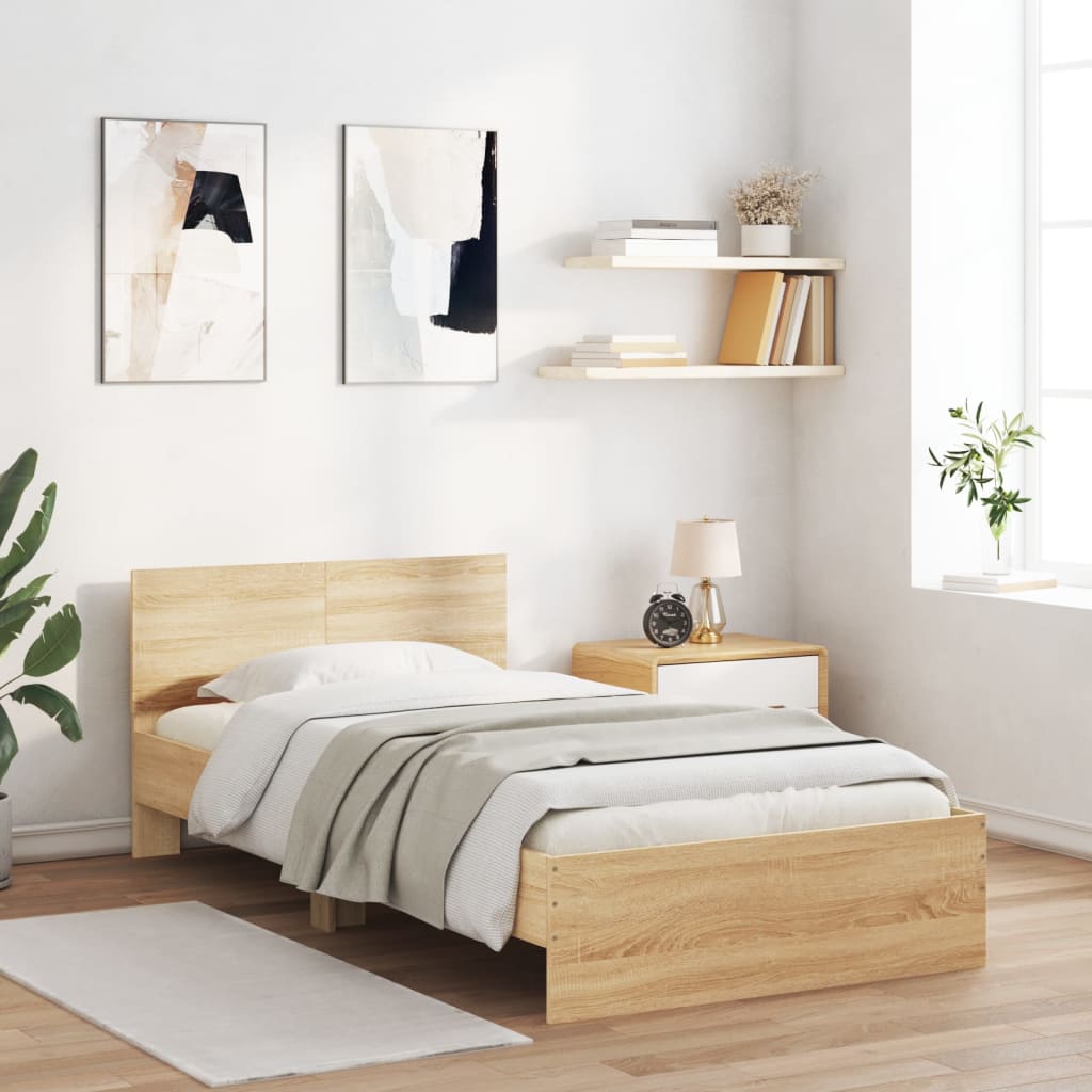 Bedframe met hoofdbord en LED sonoma eikenkleurig 100x200 cm is nu te koop bij PeponiXL, paradijselijk wonen!