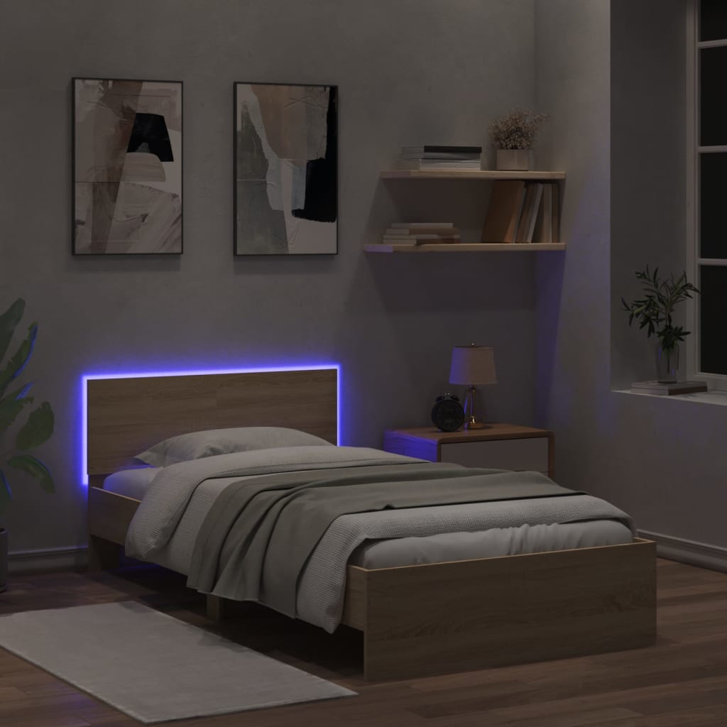 Bedframe met hoofdbord en LED sonoma eikenkleurig 100x200 cm is nu te koop bij PeponiXL, paradijselijk wonen!