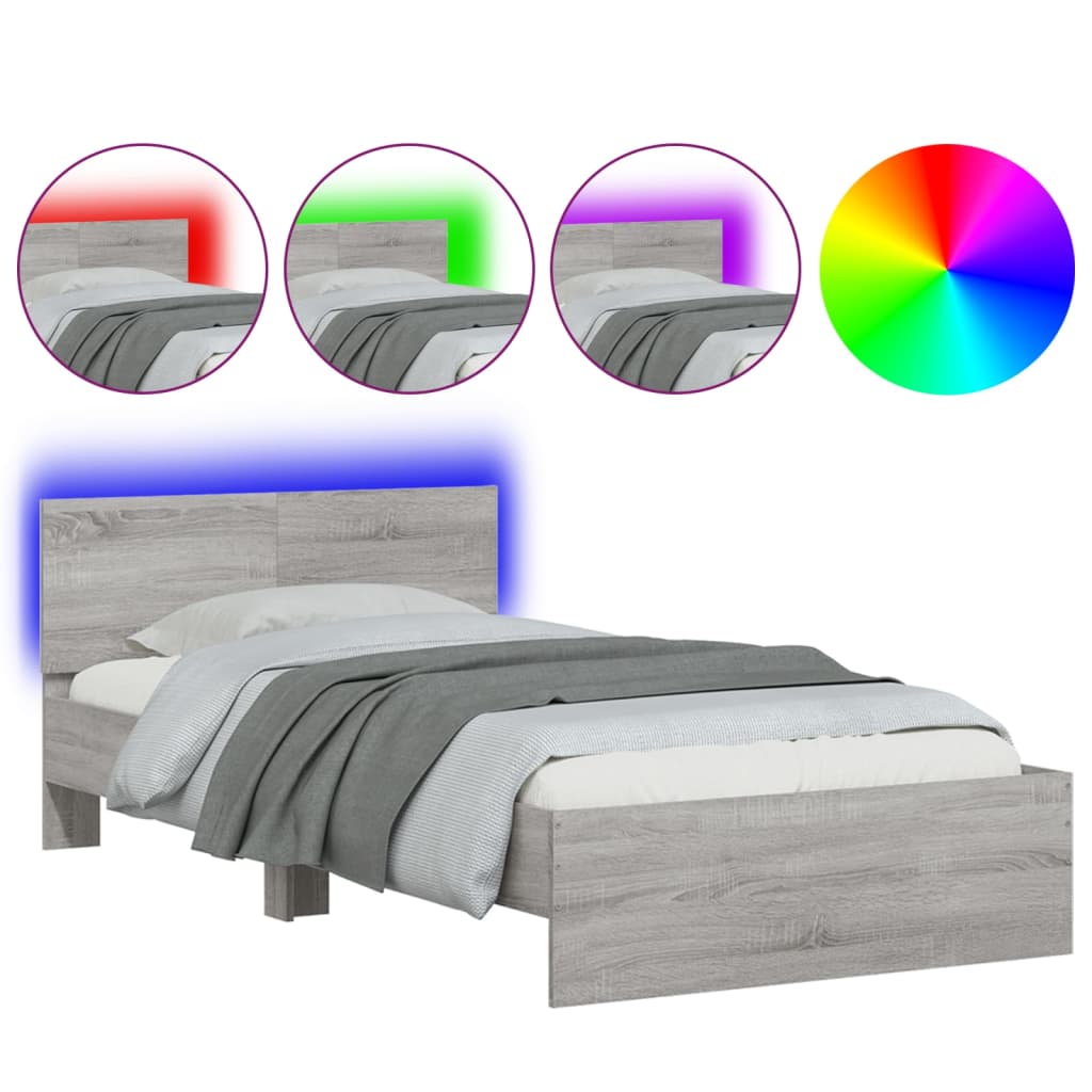 Bedframe met hoofdbord en LED grijs sonoma eiken 100x200 cm is nu te koop bij PeponiXL, paradijselijk wonen!