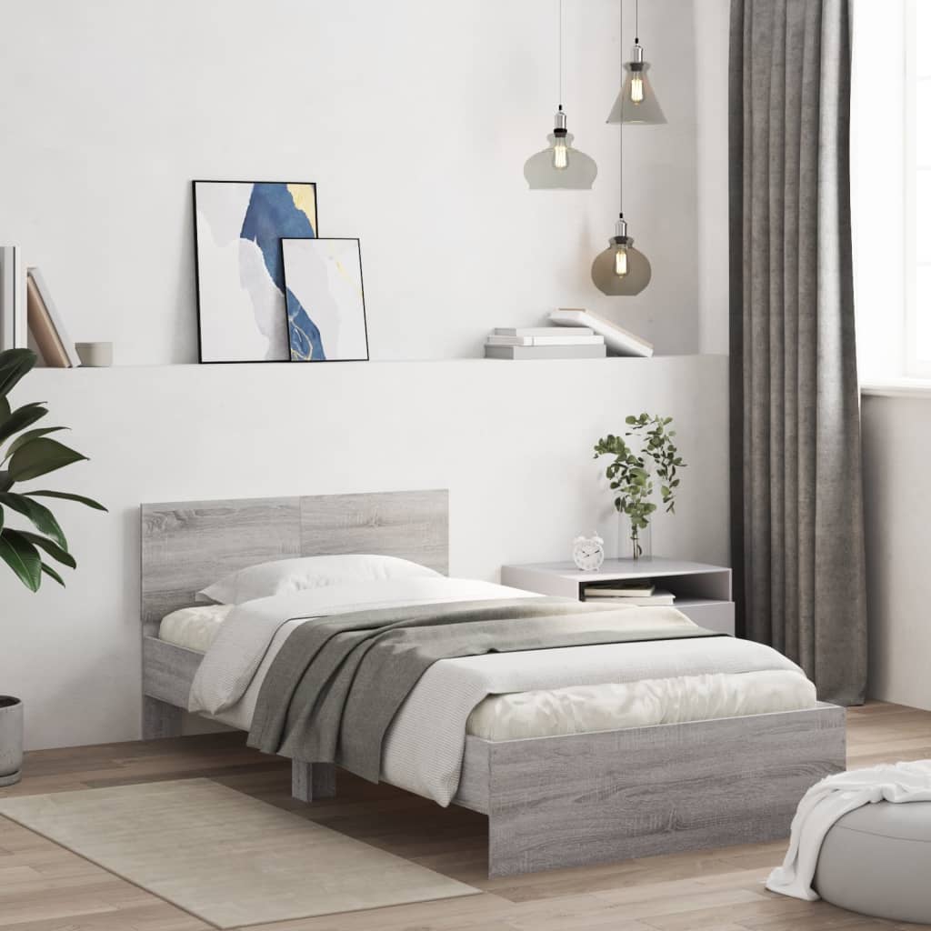 Bedframe met hoofdbord en LED grijs sonoma eiken 100x200 cm is nu te koop bij PeponiXL, paradijselijk wonen!